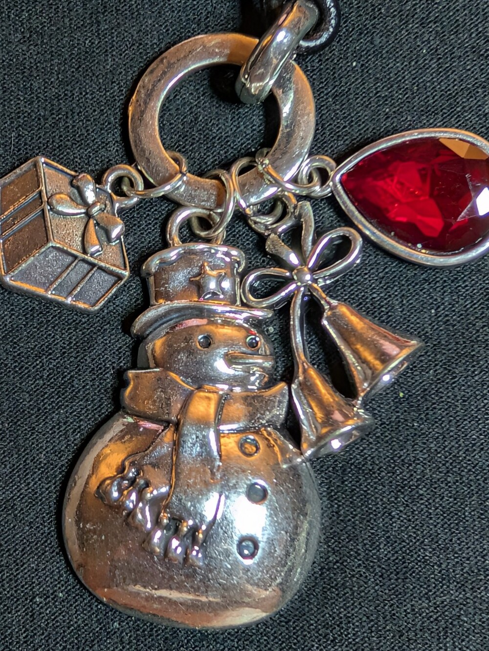 Silver Snowman Keychain Charm with Red Gem Accent